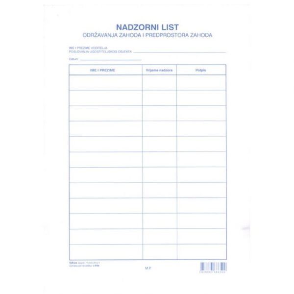 OBRAZAC L-69A NADZORNI LIST U BLOKU FOKUS