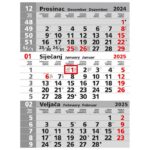 KALENDAR ZIDNI TRODIJELNI SIVI NESPIRALIRANI