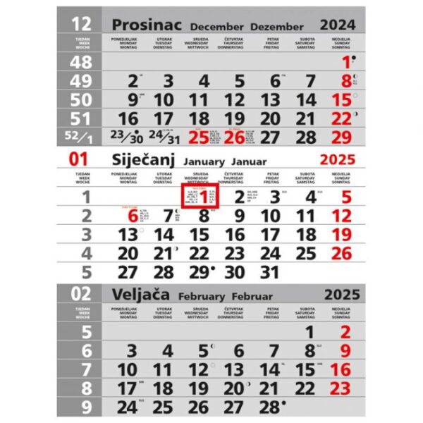 KALENDAR ZIDNI TRODIJELNI SIVI NESPIRALIRANI