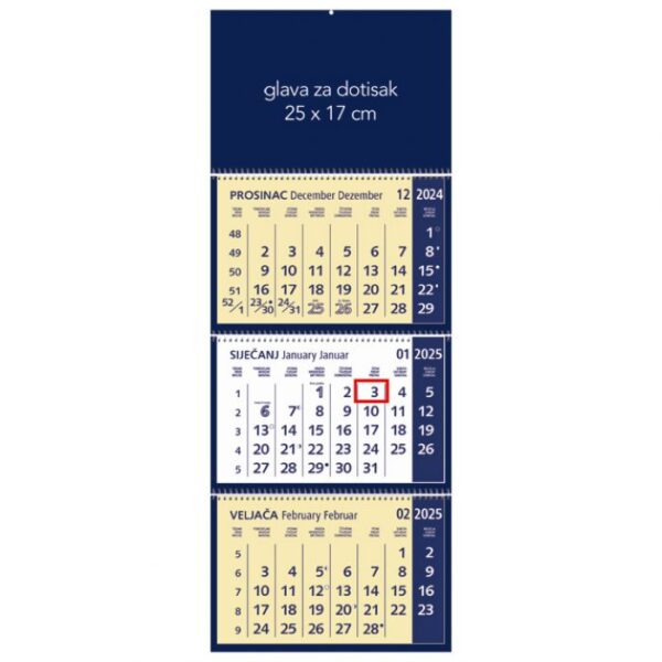 KALENDAR ZIDNI TRODIJELNI 2026. S 3 SPIRALE PLAVI * DO ISTEKA ZALIHA