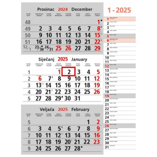 KALENDAR ZIDNI TRODIJELNI MEMO - NESPIRALIRANI * DO ISTEKA ZALIHA