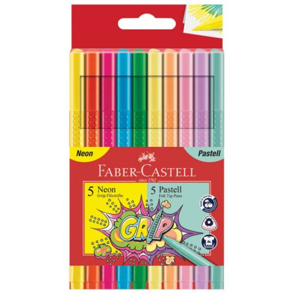 FLOMASTER ŠKOLSKI  10BOJA GRIP NEON PLUS PASTEL FABER-CASTELL 155312 BLISTER