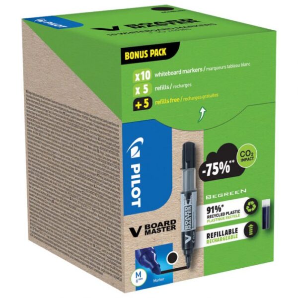 SET MARKER ZA BIJELU PLOČU 2,3 MM V BOARD MASTER BEGREEN PK10 PILOT  PLUS  REFILI (5 PLUS 5 GRATIS) CRNI