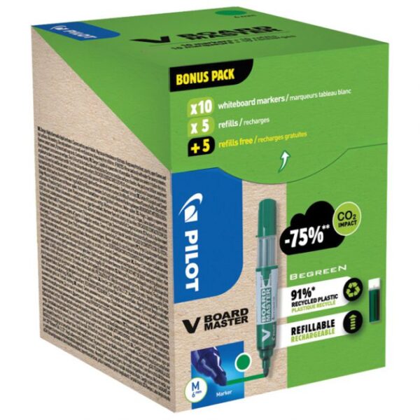 SET MARKER ZA BIJELU PLOČU 2,3 MM V BOARD MASTER BEGREEN PK10 PILOT  PLUS  REFILI (5 PLUS 5 GRATIS) ZELENI