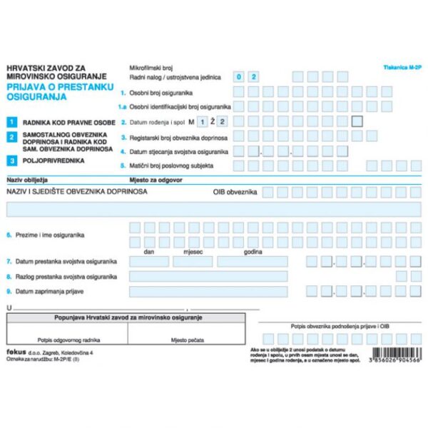 OBRAZAC M-2P/E PRIJAVA O PRESTANKU OSIGURANJA PK10 FOKUS
