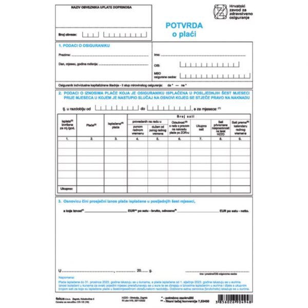 OBRAZAC ER-1/E POTVRDA O PLAĆI PK10 FOKUS * DO ISTEKA ZALIHA