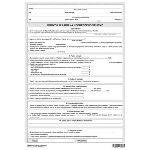 OBRAZAC E-4-1/E UGOVOR O RADU NA NEODREĐENO VRIJEME FOKUS