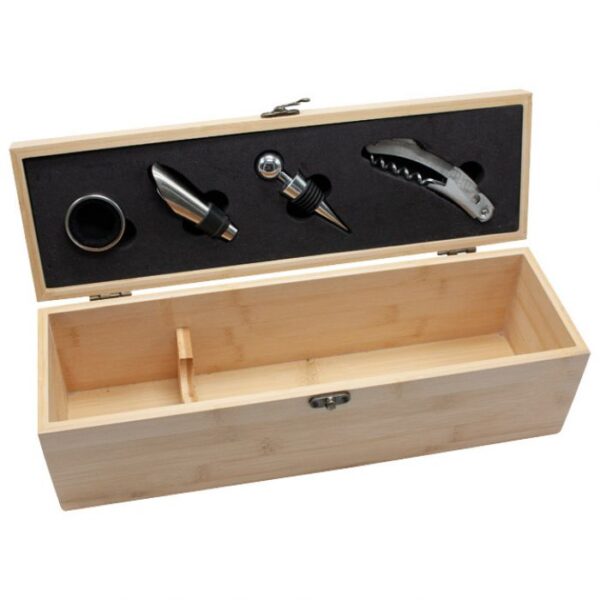 SET - KUTIJA ZA VINO ZA 1 BOCU  PLUS  PRIBOR 4 DIJELA - BAMBUS KUTIJA