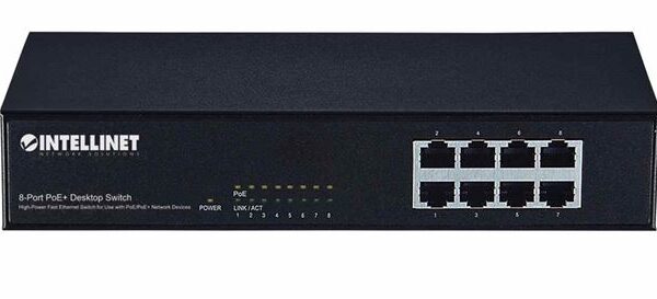 INTellinet Network PoE+ Switch, 8-Port, Desktop,Fast Ethernet