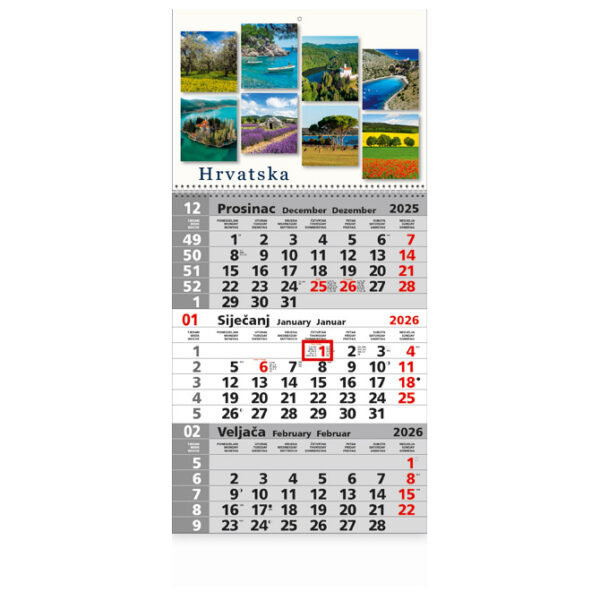 Kalendar zidni trodijelni 2026. sa slikom i spiralom!!