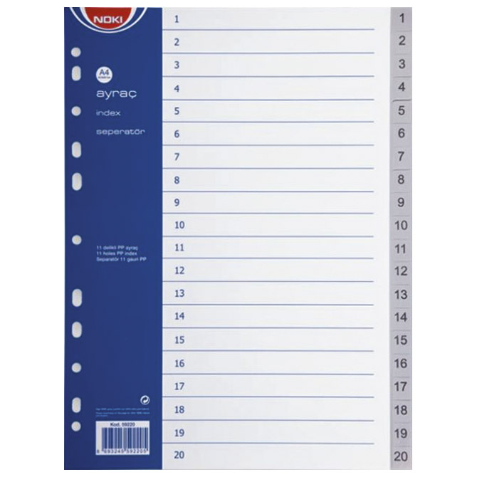 000008780 Pregrada plastična A4 brojevi 1-20 Noki 59220 siva - Slika 1