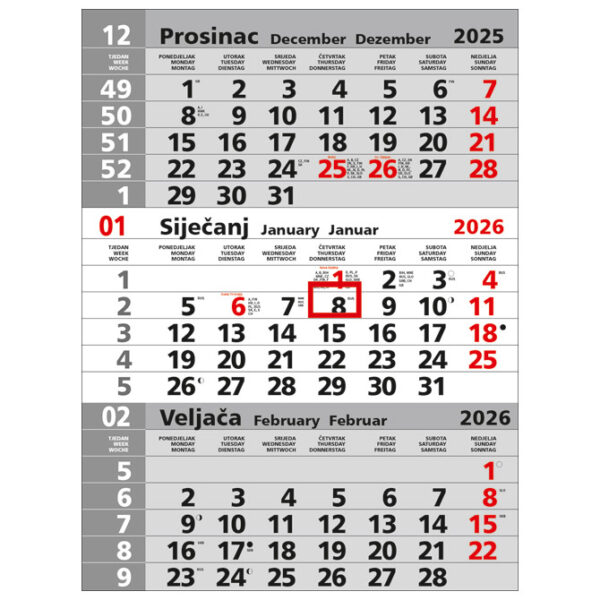 Kalendar zidni trodijelni sivi nespiralirani