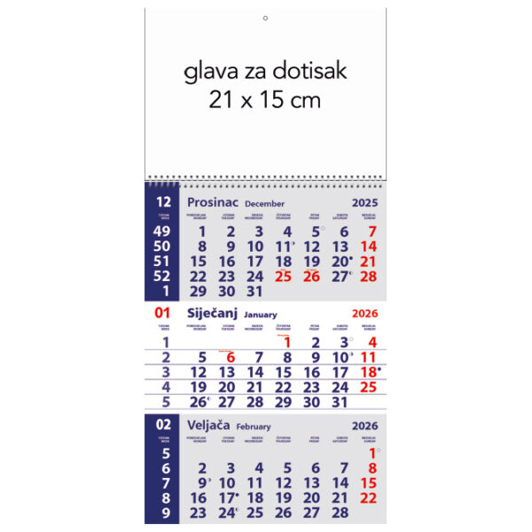 Kalendar zidni trodijelni mali 2026.-3 mjesec/listu, spirala!!
