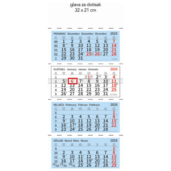 Kalendar zidni četverodijelni 2026. 4 bloka preklopni!!
