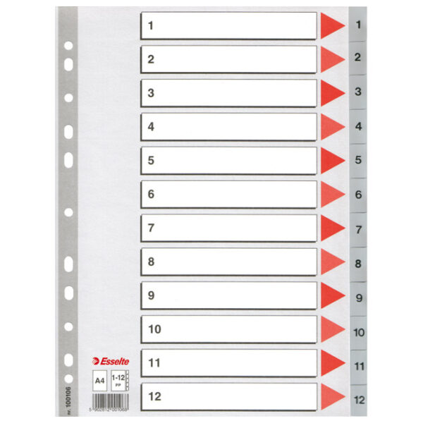 Pregrada plastična A4 brojevi 1-12 Esselte 100106 siva