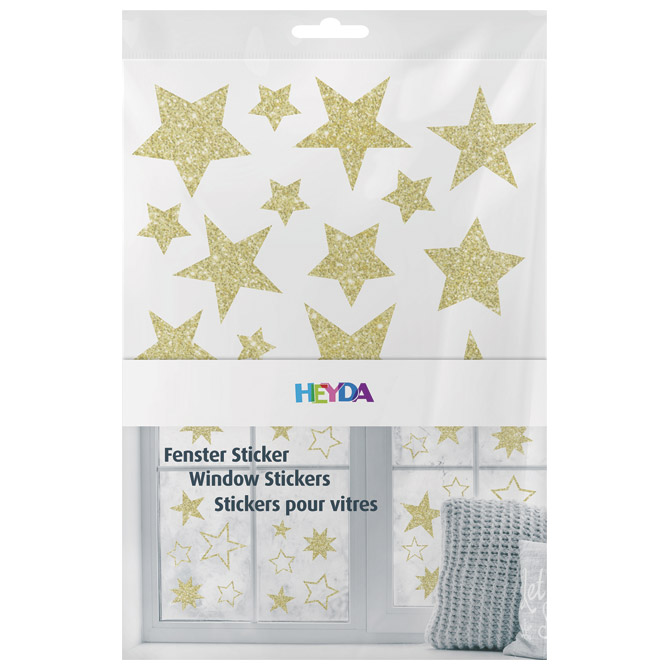 000044845 Naljepnice ukrasne za staklo A4 Zvijezde pk3 Heyda 20-35844 69 glitter zlatne blister - Slika 1