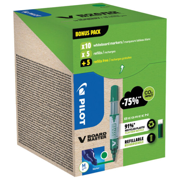 Set marker za bijelu ploču 2,3 mm V Board Master Begreen pk10 Pilot + refili (5+5 gratis) zeleni