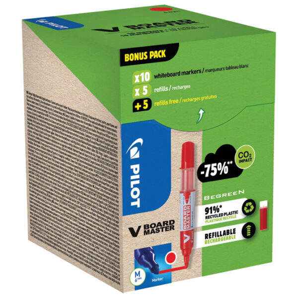 Set marker za bijelu ploču 2,3 mm V Board Master Begreen pk10 Pilot + refili (5+5 gratis) crveni