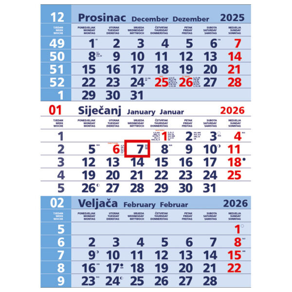 Kalendar zidni trodijelni plavi - nespiralirani!!