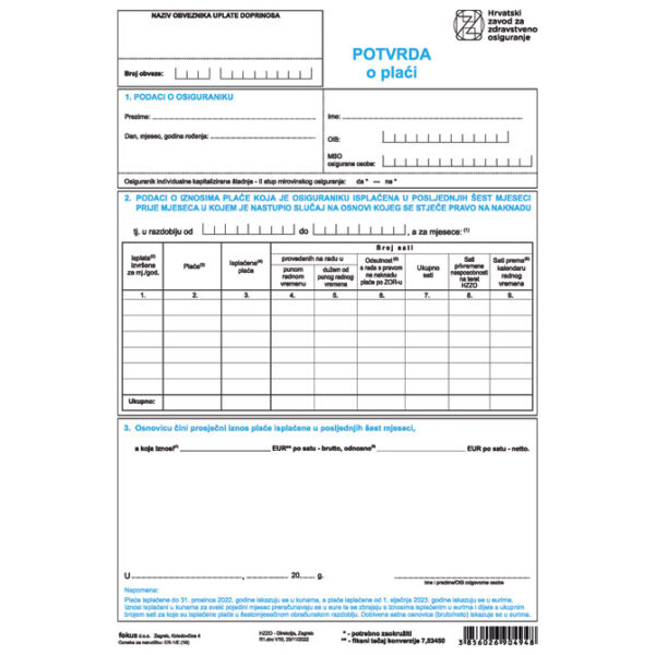 Obrazac ER-1/E potvrda o plaći pk10 Fokus!!
