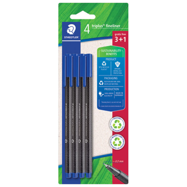 Flomaster fineliner 0,3 mm pk3+1 gratis reciklirani Triplus Staedtler 334 R-3BK4 plavi!!