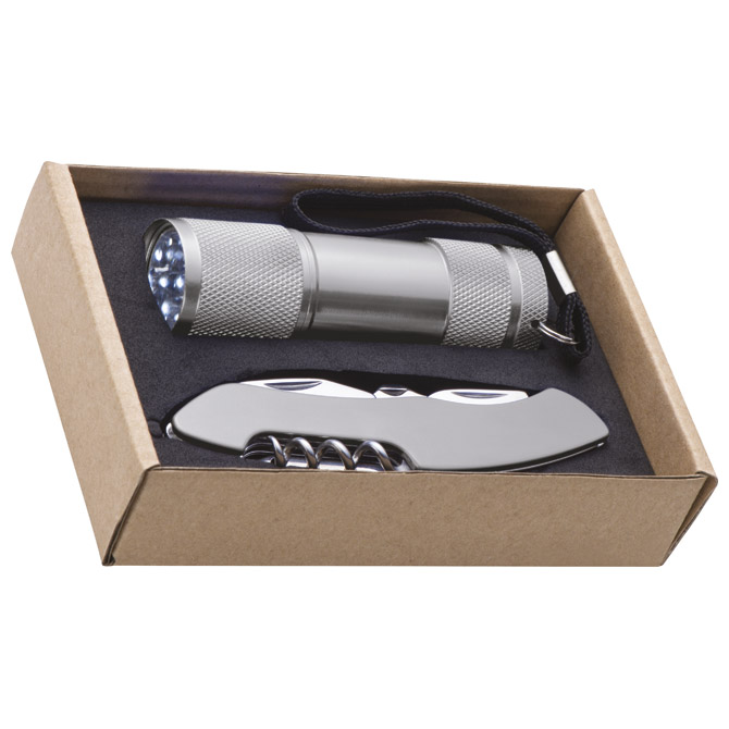 900001827 Svjetiljka ručna 9 LED+nož u EKO pakiranju Dover srebrna - Slika 1